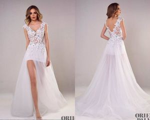 Tony Chaaya White Evening Dresses V Neck Lace Applique Backless Side Split Sexy Prom Dress Evening Sweep Train Plus Size Formal Dress Party