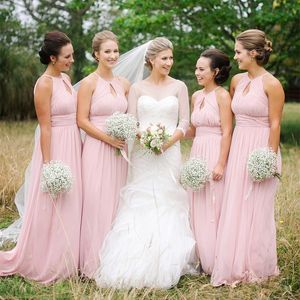 Modest 2018 Blush Pink Chiffon Bridesmaid Dresses Long Cheap Halter Keyhole Neck Pleats Ruched Maid Of Honor Gowns Custom Made EN2265