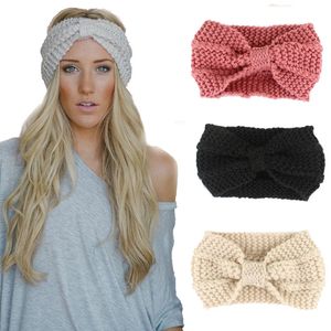 Nowy Projektant Kobiety Solid Crochet Bow Knot Turban Dzianiny Head Wrap Hairband Winter Ear Warmer Headband Zespół Włosów Akcesoria Dla Lady