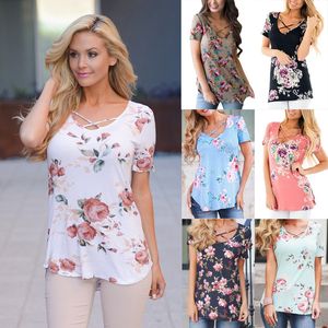 여자 여름 셔츠 좋은 품질 폭발 꽃 인쇄 크로스 티셔츠 v 칼라 슬림 편안한 티셔츠