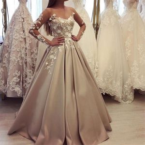 Abend 2018 Jewel Champagne Sheer Neck Long Illusion Sleeves A-line with White Applique Prom Gowns Back Zipper Custom Made Dresses