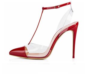 Designer casual sexy senhora moda mulheres sandálias slingback salto vermelho branco apontado toe toe t alça claro salto alto transparente tamanho grande 44 bombas