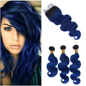 Ombre nero e blu scuro Trame di capelli umani malesi Onda del corpo ondulata con chiusura # 1B / Ombre blu 4x4 Chiusura in pizzo con fasci di tessuto