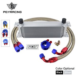 UNIVERSAL 13 ROWS OIL COOLER KIT + OIL FILTER SANDWICH ADAPTER + NYLON STAINLESS STEEL BRAIDED AN10 HOSE W/ PQY STICKER+BOX