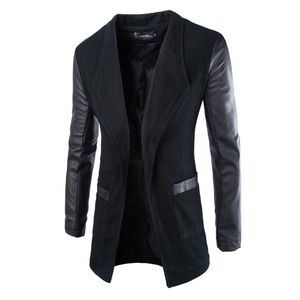 New Fashion Winter Leather Sleeve Long Wool Men Coat Hot Casual Slim Fit Men Jacket Coat Patchwork Solid Long Outwear