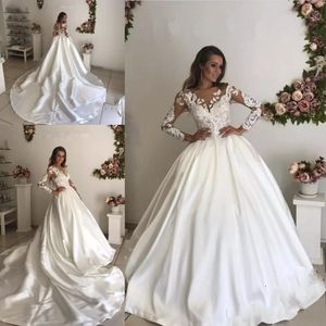 Ball Plus Size Gown Lace Sheer Neck Long Sleeves Illusion Back Dresses Applique Chapel Train Wedding Gowns Bridal s