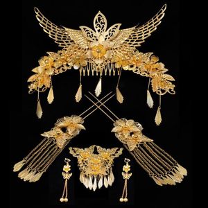 Kostium ślubny, ornament głowy, chiński ornament korony Phoenix, Golden Hair, Tassel, Dragon and Phoenix Suknia, Odzież weselna.