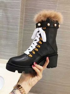 Neue Ankunft Damen Winter Sonw Ankle Martin Booties Perle Wolle High Heel 6CM 100 % echtes Leder Stiefel Größe 35-40