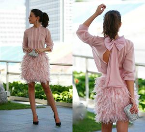 Gorgeous Feather Short Prom Dresses Pink Chiffon Long Sleeves Open Back With Bow Evening Gowns Cocktail Party Dresses For Special Occasion