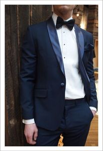 Özel Yapılmış Lacivert Düğün Takım Elbise Erkekler Slim Fit Damat Giyim Smokin 2 Parça için (Ceket + Pantolon) Resmi Siyah Saten Şal Yaka Parti