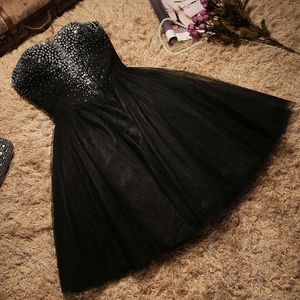 Sparkling Black Prom Dress Short Sexy Pink Party Dress Pleats Tulle Bling bling beads with sequins crystal
