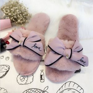 Pelz-Flip-Flops, süße Spitze, Schleife, Pelz-Slides, Damen-Wintersandalen, warme und gemütliche Hausschuhe mit Blume