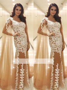 Designer Champagne New Mermaid Prom Dresses with Wraps Lace Applique Backless Floor Length Formal Party Wear Evening Gowns Custom Made