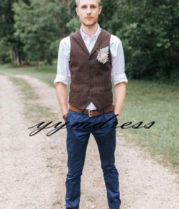 2019 do vintage marrom escuro tweed do casamento do noivo coletes de lã espinha de peixe padrinhos coletes dos homens terno coletes slim fit dos homens dress colete colete