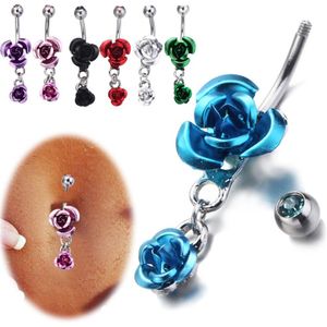 Rose Flower Crystal Navel Rings Belly Button Rings 316L Stainless Steel Navel Piercing Dangle Belly Rings Body Jewelry