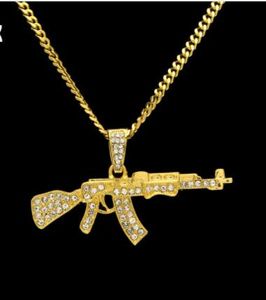 Lega Ak47 Collana con pendente a pistola con strass ghiacciato con catena cubana Hip Hop Miami Colore oro argento Uomo Donna Gioielli 2 pezzi