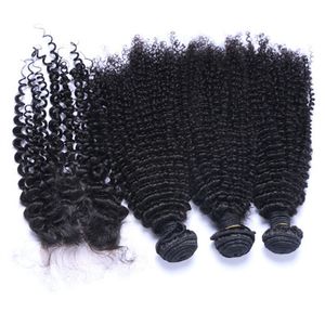 Brazilian Kinky Curly With Closure Hair Bundles With 4x4 Closure 3 Bundles Brazilian Virgin Hair With Closure Unprocessed Human Hair Weaves