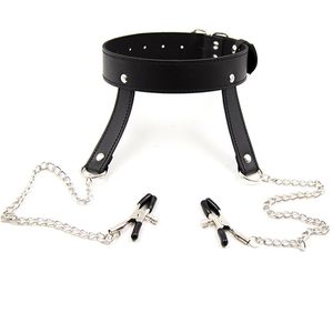 BDSM PU Leather Dog Collar Slave Bondage Belt Metal Nipples Clamps Fetish Erotic Sex Products Adult Toys For Women And Men - HS34