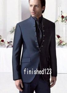 Smoking da sposo di alta qualità a sei bottoni blu navy con colletto alla coreana Groomsmen matrimonio uomo blazer abiti da festa (giacca + pantaloni + gilet + cravatta) J675