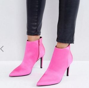 2018 primavera moda feminina hot pink boots botas de salto fino mulheres ankle booties rosa botas de seda senhoras vestido sapatos ponto toe