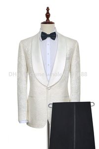 New Style Groomsmen Ivory Pattern Groom Tuxedos Shawl Satin Lapel Men Suits Side Vent Wedding/Prom Best Man ( Jacket+Pants+Tie ) K973