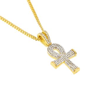 Egyptisk Ankh Key Bling Pendant Halsband 18K Gul Guld Fylld Hip Hop Womens Mens Charm Hängande Kedja