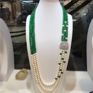Collar De Perlas De Jade Rojo al por mayor-Anudadas a mano rows naturales blanco perla de agua dulce de mm accesorios de color verde jade rojo micro incrustaciones de circonio collar de la joyería de moda