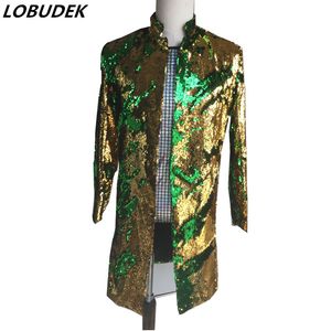 Gold Red Green Flip Sequins Long Coat Men Outerwear Nightclub Bar DJ Singer Stage Costume Star Concert Host Performance Clothing DS Blazers