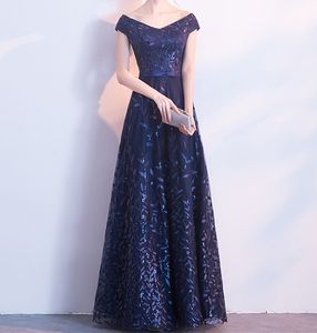 Abiti per la madre della sposa blu scuro con paillettes brillanti in tulle con scollo a V senza maniche allacciatura con cerniera posteriore fino al pavimento abiti da festa per la mamma