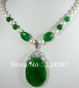 Design vit 7-8 äkta pärla ovala stora gröna jades hängsmycke kvinnor smycken halsband 18inches