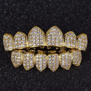 Luxury Design Diamond Teeth Grillz Gold Vampire Fangs CZ Grillz for Men Women Top Bottom Grillz with Molding Bar