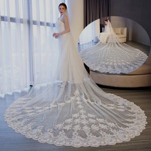 Véu de casamento de marfim longa de alta qualidade com pente 3.5 * 3m nupcial véu floral applique véus casamento acessórios de casamento