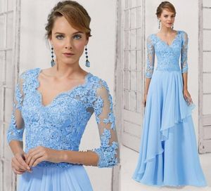 Sky Blue Chiffon Lace Mor of the Bride Dresses Crystal Custom Made Party Formal Evening Gowns Långärmad Mors klänning