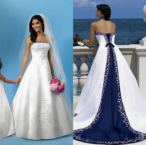 Hottest Vintage A Line White And Royal Blue Satin Wedding Dresses Embroidery Strapless Lace-up Beach Bridal Gown Fast Delivery 2018