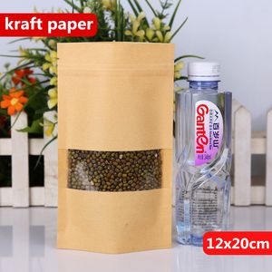 12x20cm stå Kraft Paper Aluminium Folie Laminering Återanvändbar Mat Förpackningspåsar Bakning Snacks Candy Tea Värmeförsegling Zip Lock Package Pouch