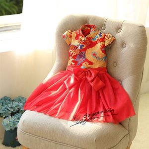 Chinesischen Stil Neujahr Mädchen Kleider Gestickte Drachen Cheongsam Kleid Herbst Winter Dicke Mädchen Kleidung Kinder Kleidung Baby Kleidung
