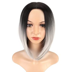 Women Short Grey Wig Heat Resistant Straight Full Black Ombre Hair Cosplay US