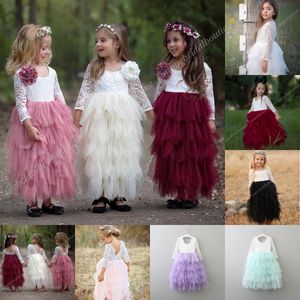 Custom Flower Girls Sukienki 2019 z darmowymi kwiatami Długie rękawy Ruffles Tutu Spódnica Prawdziwe zdjęcia Długość kostki Długość Girls Formalne Suknie Party