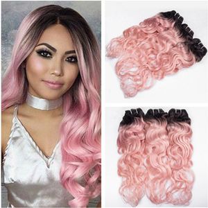 Water Wave Indian Virgin Human Hair Ombre Pink Weaves Extensions Dark Root #1B/Pink Ombre Human Hair Bundles Deals Wet and Wavy