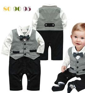 Långärmad baby rompers med slips våren höst baby pojke gentleman romper spädbarn one-pipe formell jumpsuit toddler kläder