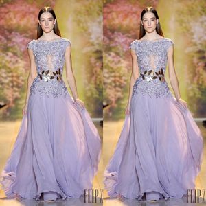 Zuhair Murad Prodes Purple Chiffon Bateauネックフロア長キャップスリーブレースアップリケエレガントなイブニングドレスビーズフォーマルパーティーガウン