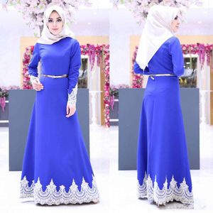 Azul Muçulmano Vestidos de Noite de Alta Neck Mangas Compridas de Cetim Vestido de Baile Com Renda Appliqued Até O Chão Árabe Simples Vestidos de Festa