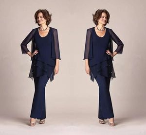 Navy Blue Mother's Dresses Chiffon Mother Of The Bride Pant Suits Long Sleeves Plus Size Three Pieces Formal Mother Dress With Jacket Evening Party Gowns