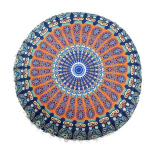 Mandala-Kissenbezug, runder Kissenbezug mit indischem Mandala-Muster, helle Farbe, Blumendruck, lässiger Stammes-Kissenbezug