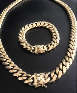 14mm Men Cuban Miami Link Bracelet & Chain Set 14k Gold Plated Stainless Steel