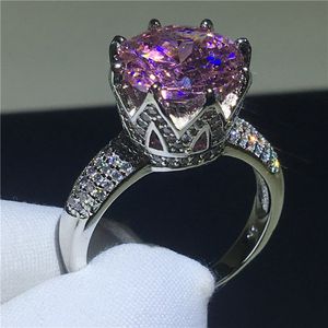 Female Crown ring Round cut 4ct pink 5A Cz Stone 925 Sterling silver Engagement wedding band ring for women Finger Jewelry