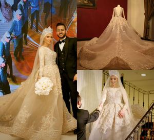 2019 Luksusowe Suknie Ślubne Klejnot Koronki Koronkowe Aplikacje Bling Crystal Cekiny Koraliki Dubaj Kraj Kraj Suknia Ślubna Z Długim Rękawem Suknia Bridal