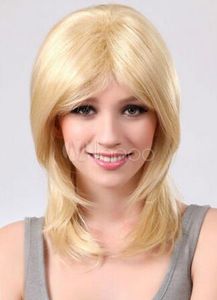 Lätt blond guld axel längd hår peruker syntetiska kvinnans medelstora peruker