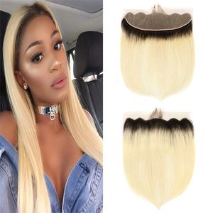 Dois Tom 1B 613 Ombre Cabelo Virgem Reta Feixes Com Laço Frontal Raízes Escuras mel Loira Cabelo Brasileiro Tece Com Laço Frontal