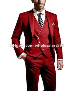 Özelleştirmek Groomsmen Tepe Yaka Damat Smokin Kırmızı Erkekler Düğün / Balo / Akşam Yemeği Suits Best Man Blazer (Ceket + Pantolon + Kravat + Yelek) K811